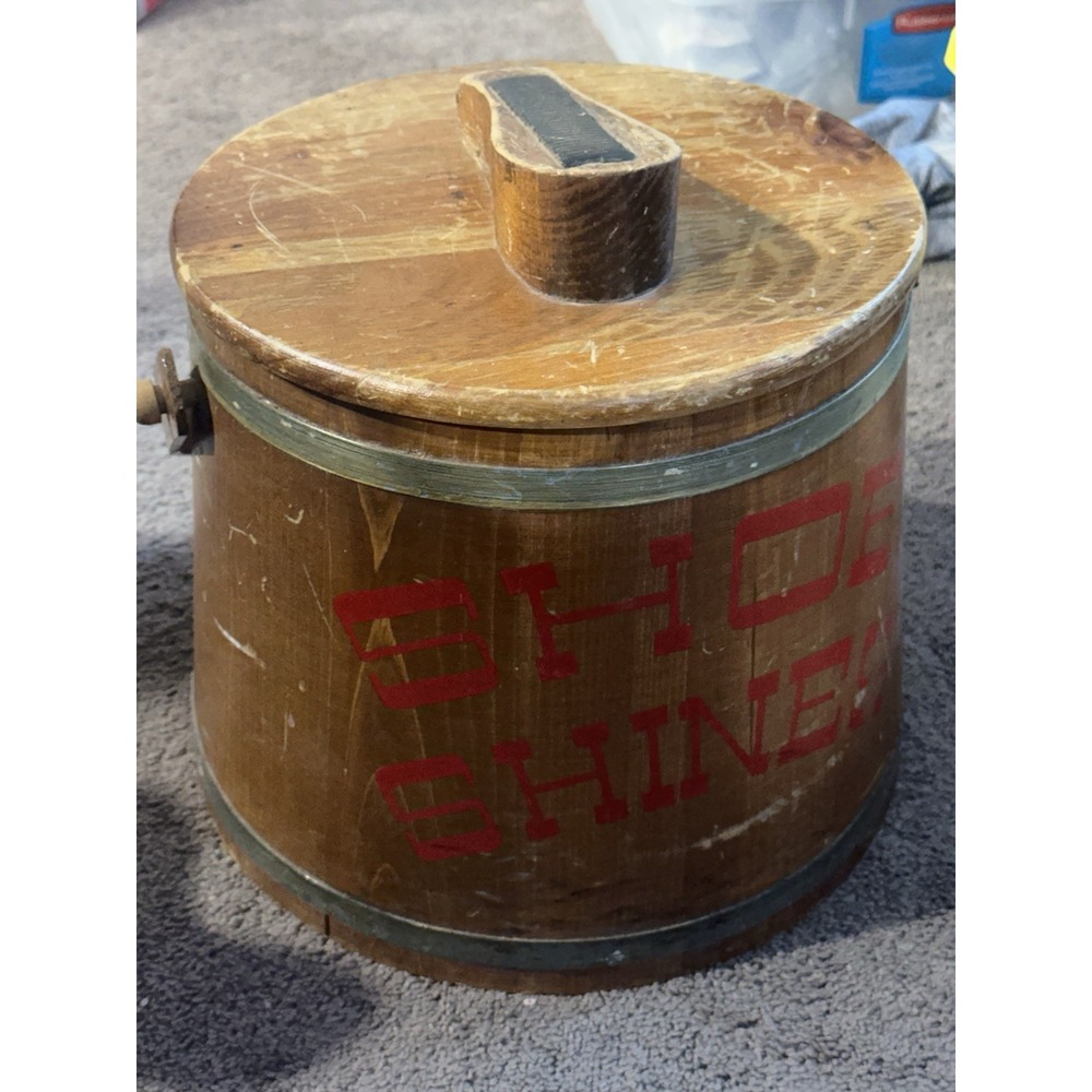 Vintage 1950's "SHOE SHINES" Wooden Bucket with Lid  And Accessories